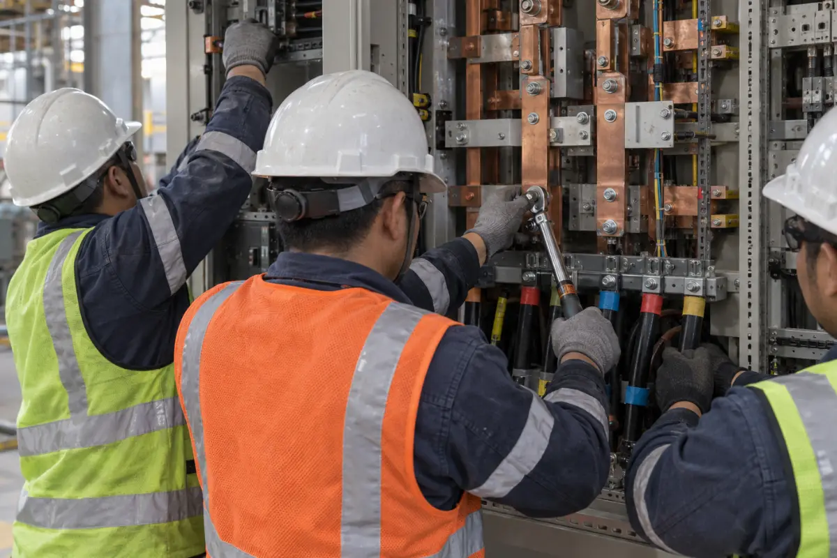 Técnico revisando un diagrama unifilar junto al tablero general durante una visita técnica en una planta de Puebla