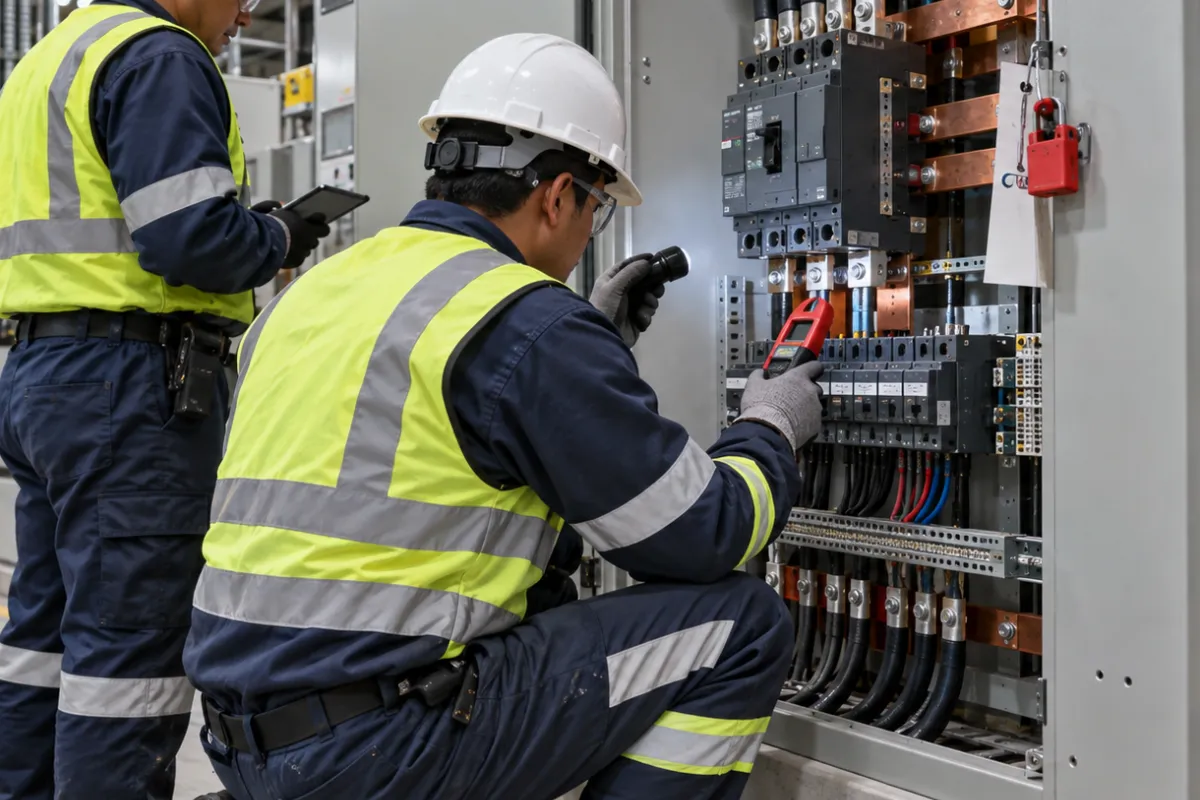 Cuadrilla con EPP revisando un tablero fuera de servicio durante la atención de una falla eléctrica en una planta de Puebla
