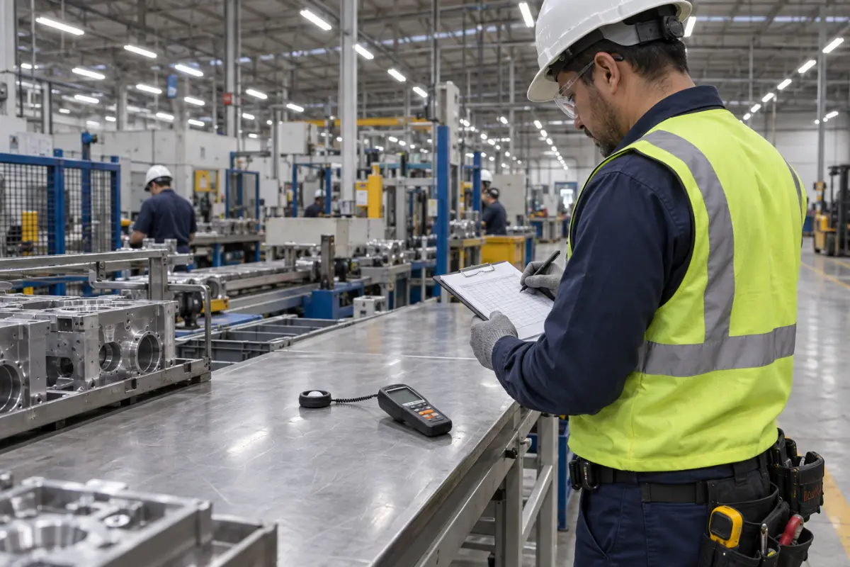 Medición del nivel de iluminación con luxómetro sobre el plano de trabajo de una línea de producción, en una nave industrial de Puebla