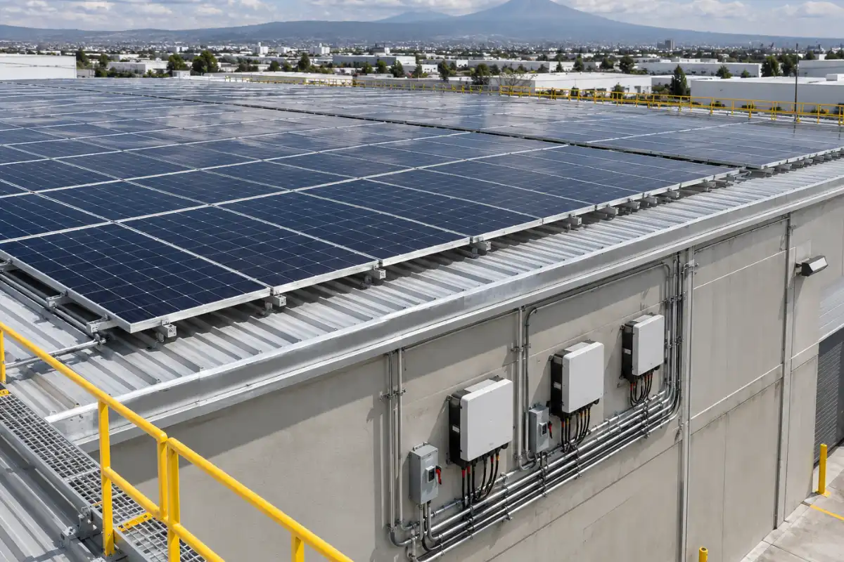 Arreglo fotovoltaico montado sobre la cubierta metálica de una nave industrial, con los inversores instalados en muro, en Puebla