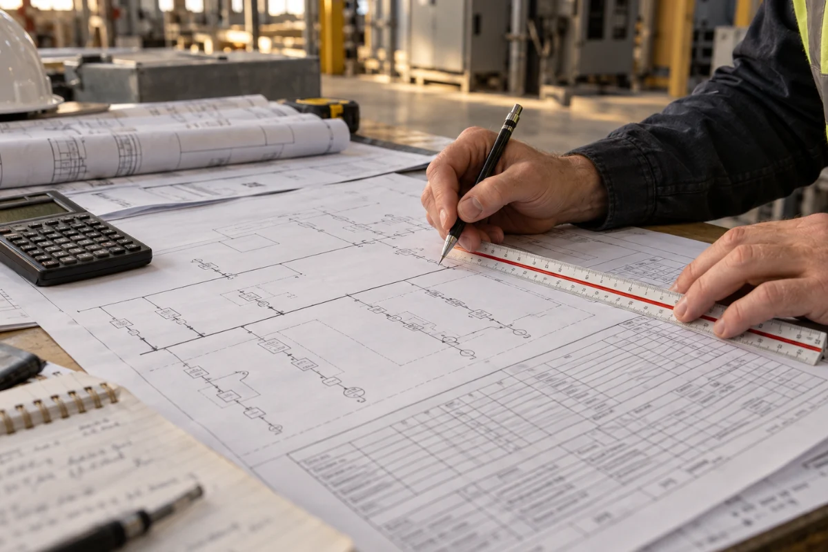 Diagrama unifilar y cuadro de cargas de una nave industrial impresos sobre la mesa de trabajo, en un proyecto eléctrico de Puebla