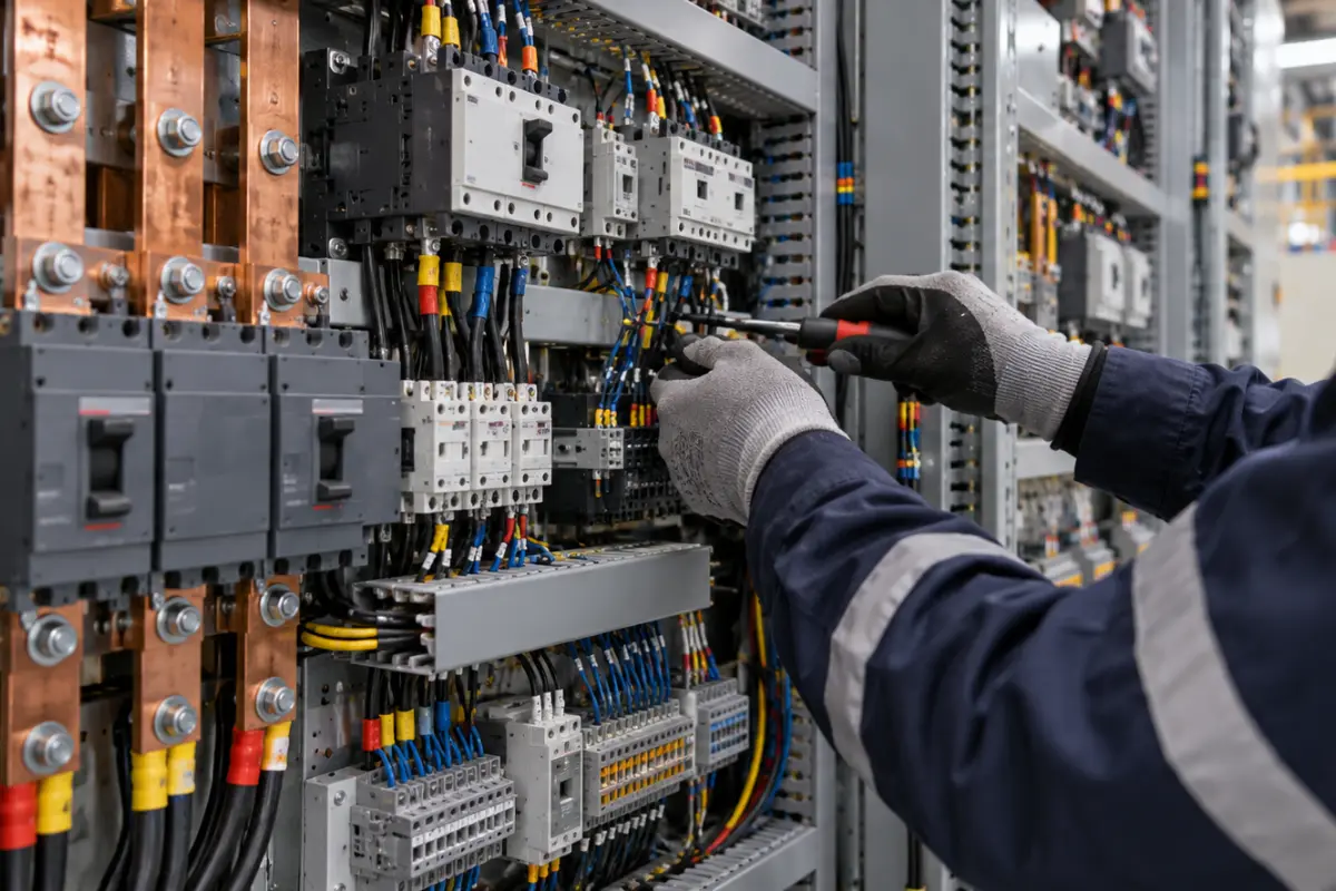 Interior de un centro de control de motores con circuitos identificados y barras montadas, en una planta industrial de Puebla